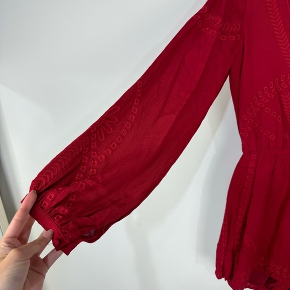 Lulu's Red Deep v Plunge Embroidered Long Sleeve Romper Jumper Boho Bohemian - Picture 3 of 5
